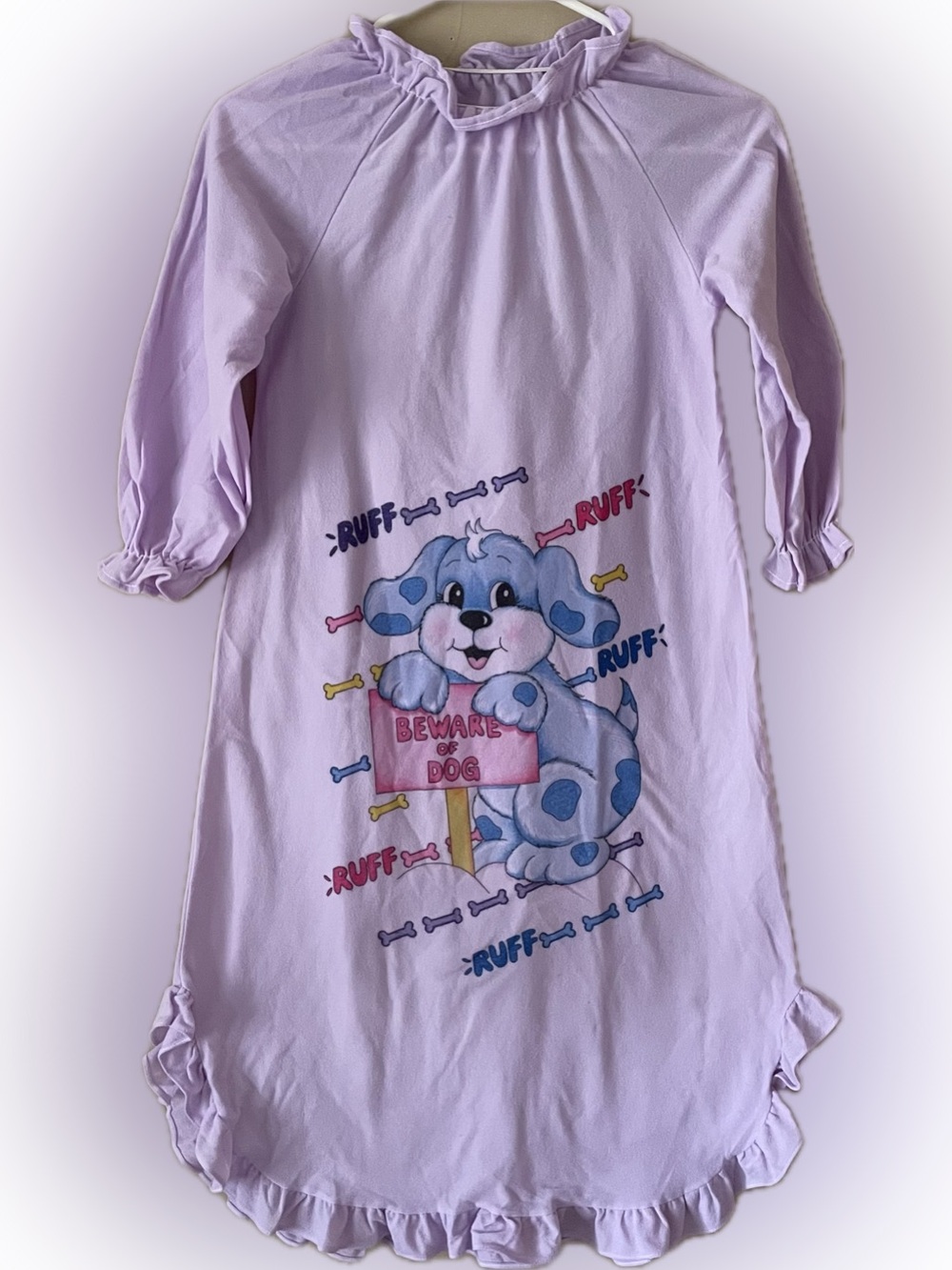 vintage 1985 Pound Puppies long-sleeve nightgown purple. "Beware of Dog” Sz 10